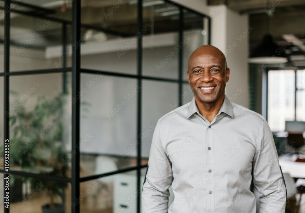 Fototapeta premium Confident man smiling in modern office with glass partitions and indoor plants