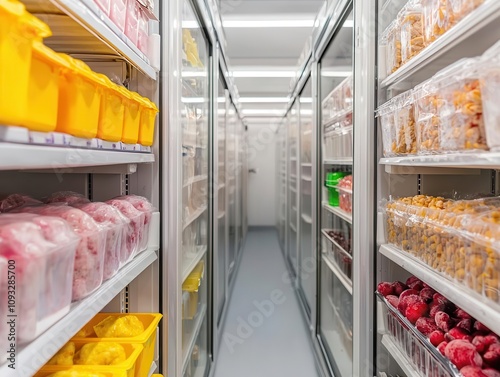Large blast freezer with visible frost and shelves filled with frozen food trays