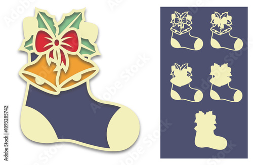 Christmas sock with bells and holly leaves svg, Holiday decoration, Layered papercut design