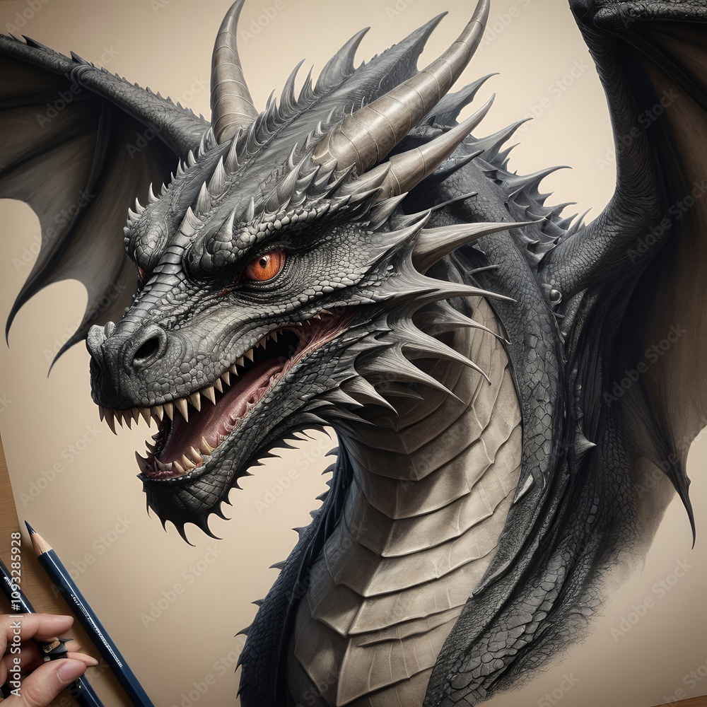 Magnificent Gray Dragon Portrait: A Masterpiece of Realistic Pencil Art Depicting a Fearsome Yet Majestic Creature with Intricate Details and Striking Red Eyes, Displayed on a Beige Background