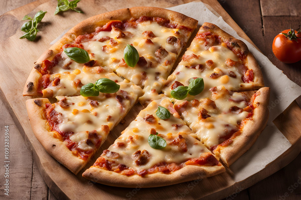 A shot of a warm, freshly baked pizza with a thin, crispy crust, topped with melted cheese. The pizza is placed on a wooden pizza board, with natural lighting and a clean, simple background.