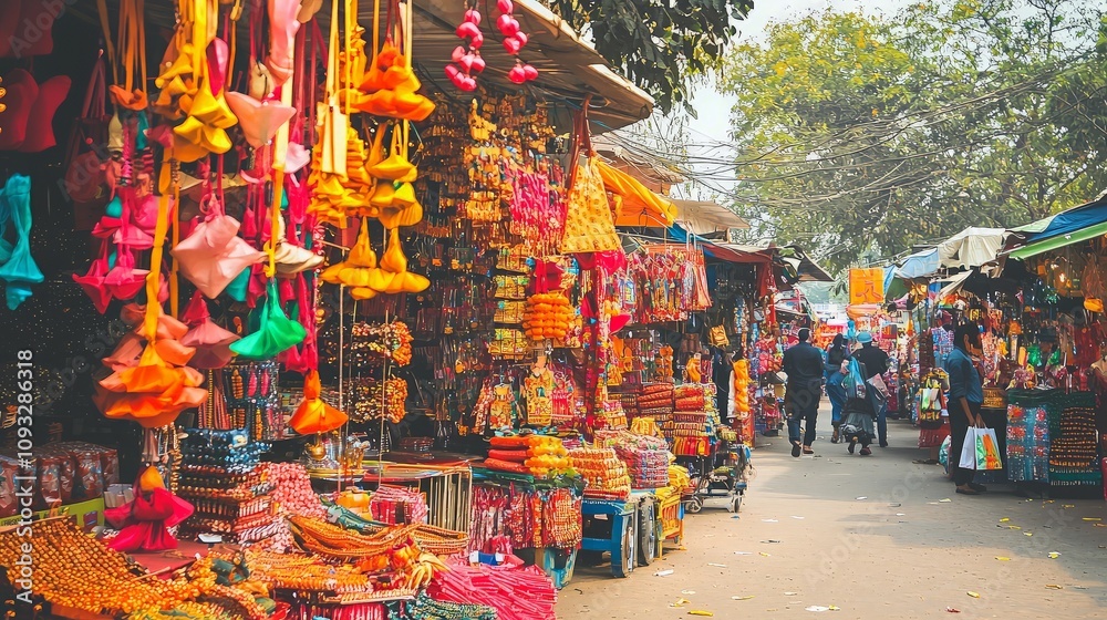 Fototapeta premium Vibrant marketplace with colorful textiles, crafts, and decorations.