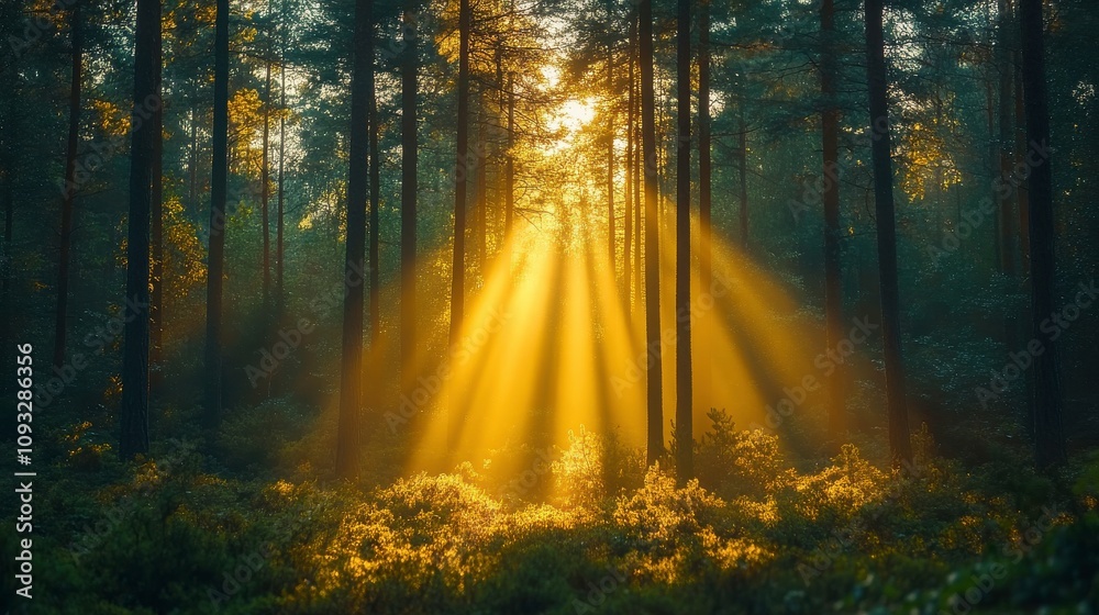 Fototapeta premium Sunlight Streams Through Trees in a Lush Green Forest, Creating a Magical Atmosphere with Soft Rays Filtering Through the Dense Foliage During the Golden Hour