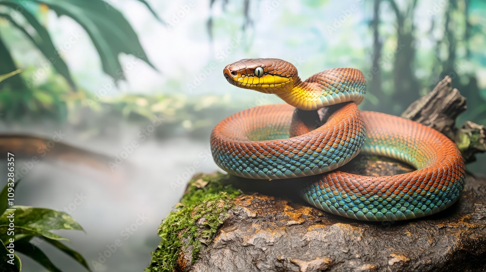 Fototapeta premium Vibrant, iridescent snake coiled on mossy rock near misty water in lush jungle.