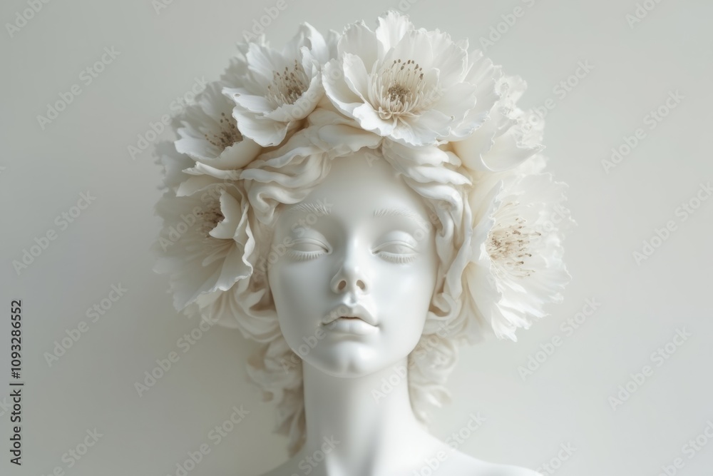 Elegant white sculpture with floral crown on a neutral background Elegant white sculpture with floral crown on a neutral background