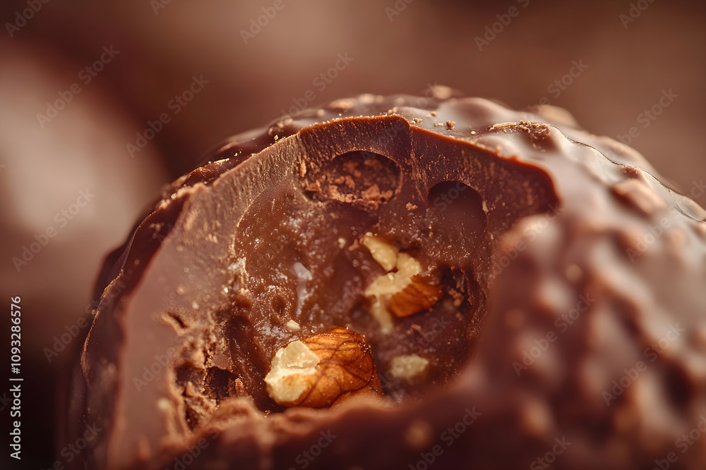 Macro view of a chocolate rocher, rocher au chocolat, with a bite ...