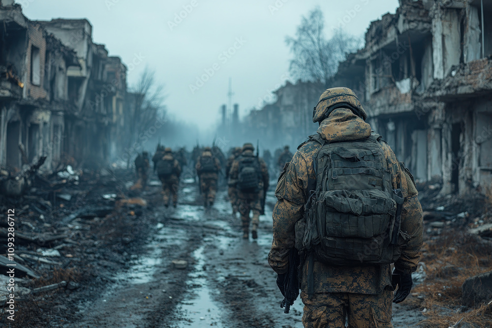 soldiers moving through a ruined city shrouded in fog and smoke. T