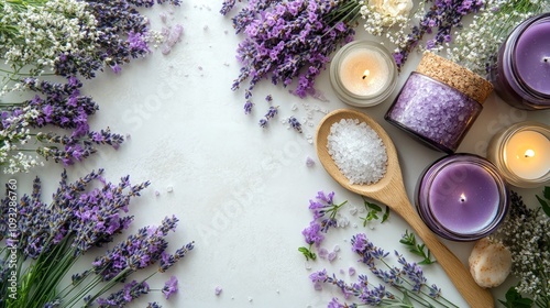 Lavender, candles, bath salts, and wooden spoon on white background.