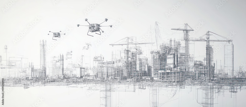 Sketch of futuristic city under construction with drones. Sketch of futuristic city under construction with drones.