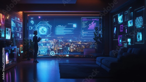 Woman in futuristic smart home with holographic displays.