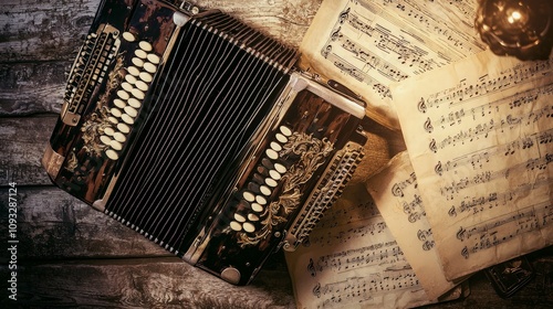 Vintage accordion rests on wooden surface with sheet music.