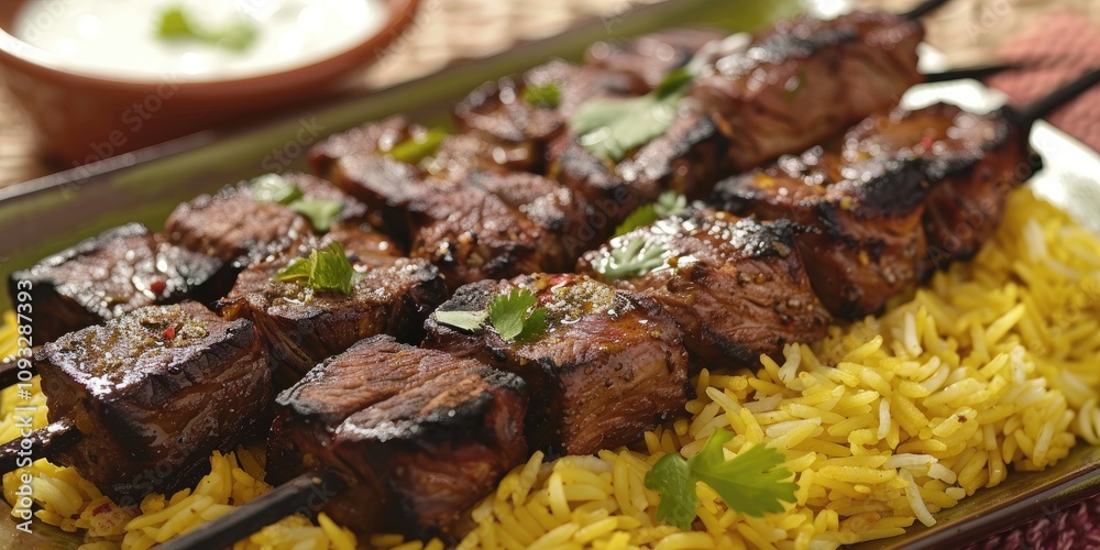Kebab Hindi, a flavorful Syrian dish featuring tender lamb or beef cubes marinated in Middle Eastern spices, skewered and grilled to perfection, served with rice pilaf and creamy yogurt sauce. Kebab Hindi, a flavorful Syrian dish featuring tender lamb or beef cubes marinated in Middle Eastern spices, skewered and grilled to perfection, served with rice pilaf and creamy yogurt sauce.