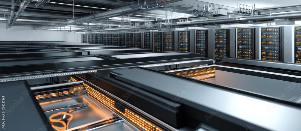 Modern data center with rows of servers and advanced processing equipment. Modern data center with rows of servers and advanced processing equipment.