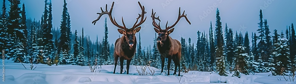 Two majestic elk stand in a snowy forest, surrounded by tall trees, showcasing their impressive antlers against a serene winter backdrop. Two majestic elk stand in a snowy forest, surrounded by tall trees, showcasing their impressive antlers against a serene winter backdrop.