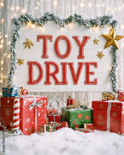 Christmas toy drive sign with festive decorations and wrapped gifts for donation
