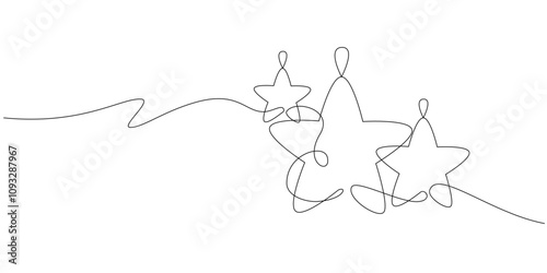 Continuous one line vector illustration of Christmas stars. Vector stars for winter holiday concept in simple linear style. Xmas decor in editable stroke. Doodle vector illustration	