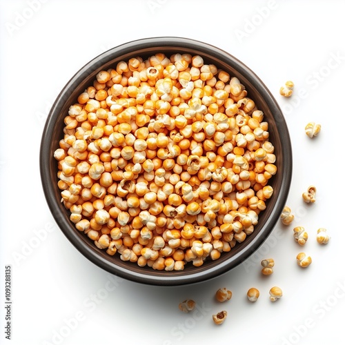 A close-up shot of a bowl filled to the brim with vibrant, golden popping corn kernels ready for popping, capturing a sense of anticipation and flavor potential. photo