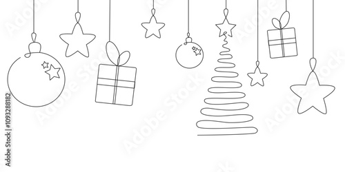 Vector Christmas garland in line art style. Festive sketch. Gift box, balls, tree, bell isolated on white background. Continuous line drawing christmas toys