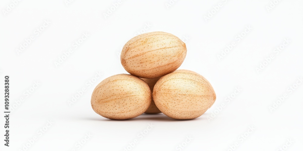 Three stacked nuts on a light background, showcasing natural textures and colors. Three stacked nuts on a light background, showcasing natural textures and colors.