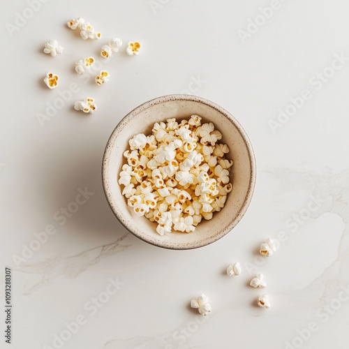 A minimalist bowl featuring a small quantity of popped popcorn with a few kernels scattered around, creating a simplistic yet cozy atmosphere perfect for quiet nights. photo