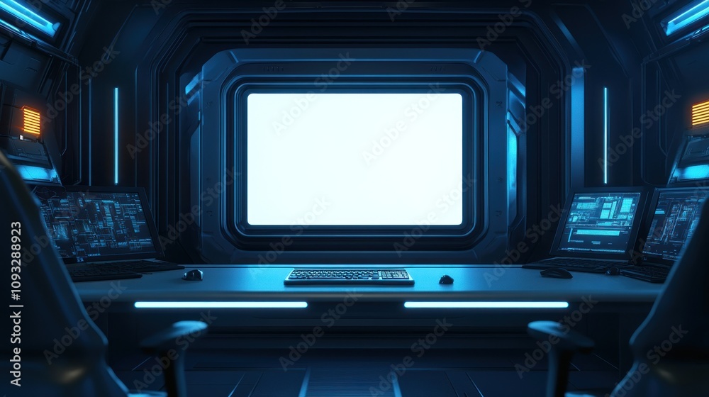Futuristic Spaceship Bridge Workstation With Blank Screen Futuristic Spaceship Bridge Workstation With Blank Screen