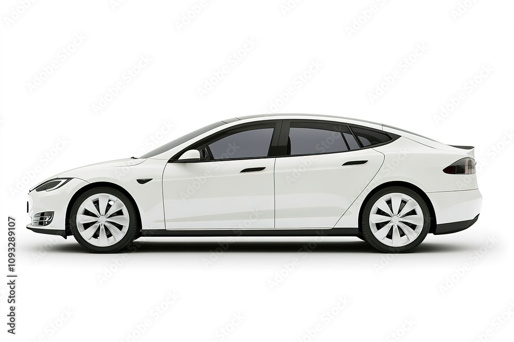 Side view of white electric car on plain background Side view of white electric car on plain background