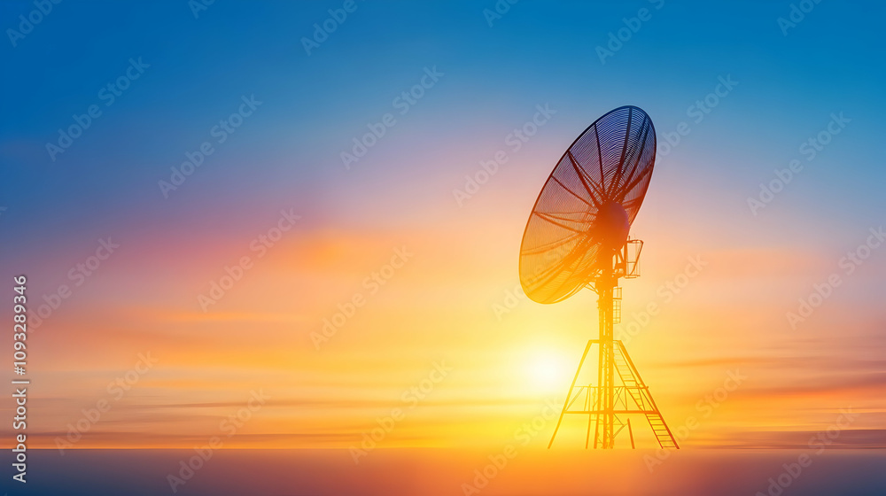 Silhouette of an abstract telecommunication tower antenna and satellite dish at sunset sky background Silhouette of an abstract telecommunication tower antenna and satellite dish at sunset sky background