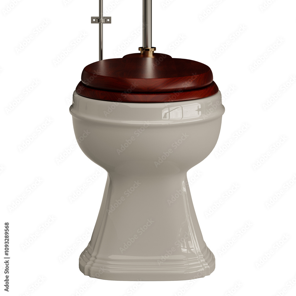 A toilet with a wooden seat and a metal rod A toilet with a wooden seat and a metal rod