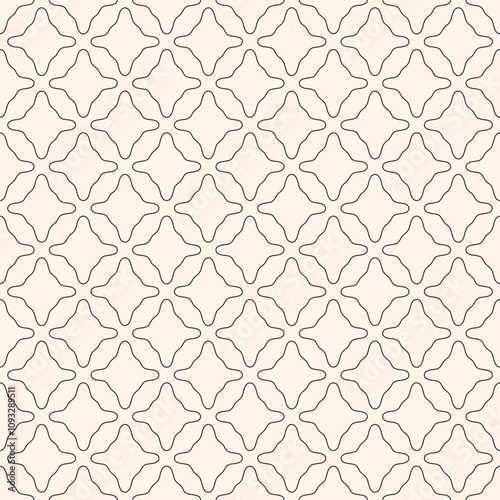Elegant minimal seamless pattern. Vector geometric texture with outline elements, curved shapes, smooth flower silhouettes. Simple abstract black and white ornament. Repeated monochrome geo background