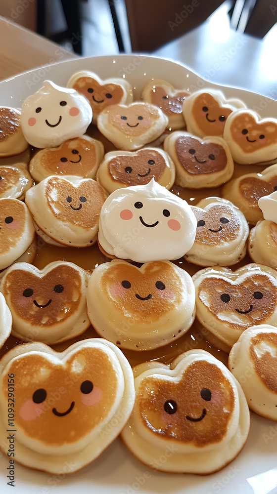 Obraz premium Overhead shot of heart-shaped pancakes with faces drawn in whipped cream, surrounded by syrup confetti, printspace ,Soft pink and gold tones, soft lighting, romantic mood