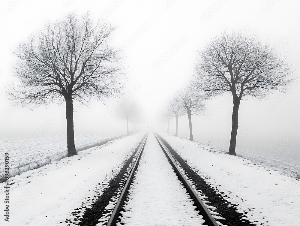 Lone sleigh tracks leading intosnowy horizon, framed by tall trees, offering vast negative space, printspace ,High-key lighting, bright whites, airy feel Lone sleigh tracks leading intosnowy horizon, framed by tall trees, offering vast negative space, printspace ,High-key lighting, bright whites, airy feel