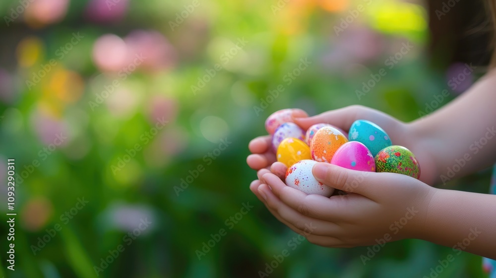 Colorful Easter Eggs Held by Child in Vibrant Garden Setting, Symbolizing Spring Celebration, Joyful Traditions, and Family Connections During Holiday Festivities Colorful Easter Eggs Held by Child in Vibrant Garden Setting, Symbolizing Spring Celebration, Joyful Traditions, and Family Connections During Holiday Festivities