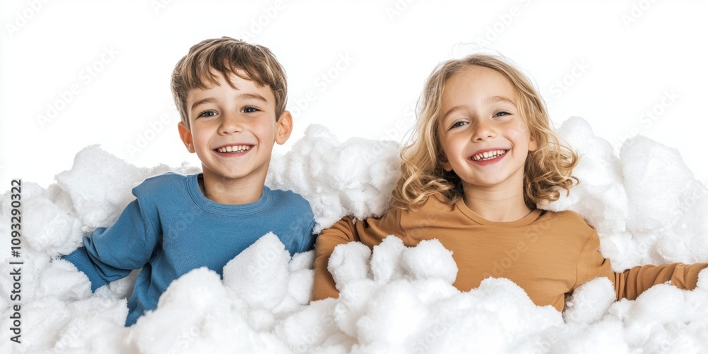 Two joyful children playing in a cloud of soft, fluffy cotton, radiating happiness. Two joyful children playing in a cloud of soft, fluffy cotton, radiating happiness.