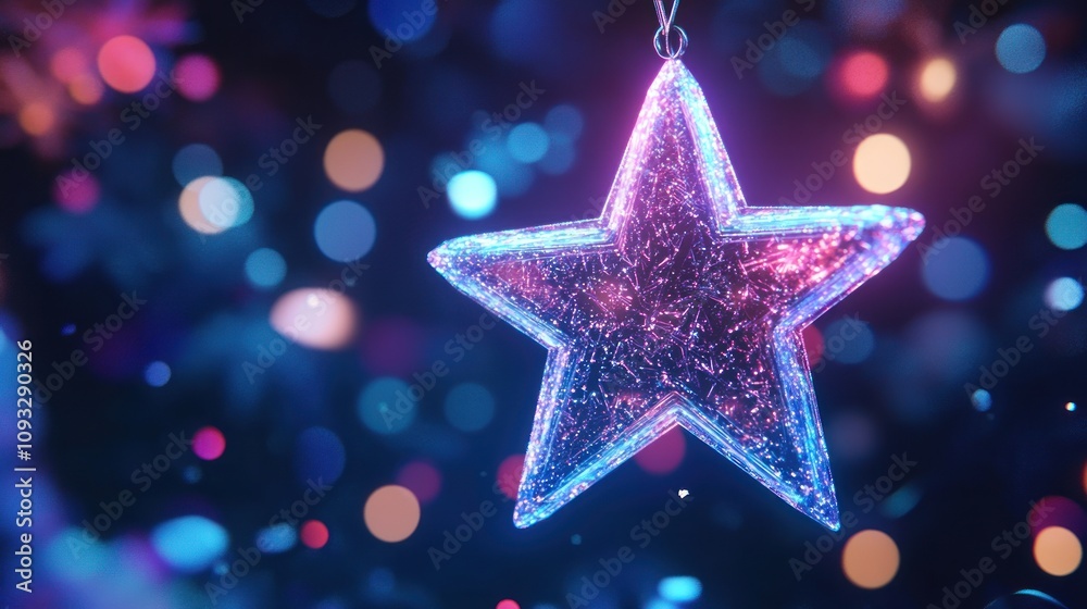 Glowing star ornament with bokeh lights. Glowing star ornament with bokeh lights.
