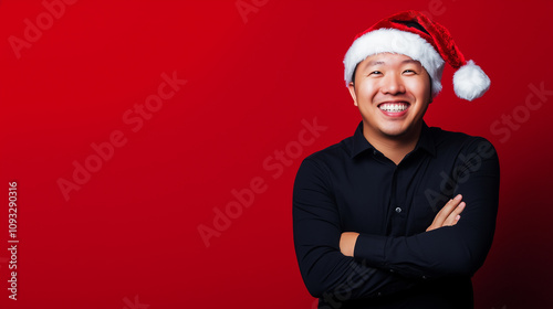 Asian man, cosmetology, beauty, festive makeup, Merry Christmas and Happy New Year, banner with copy space