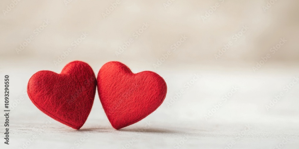 Two red hearts symbolizing love and affection on a soft background. Two red hearts symbolizing love and affection on a soft background.