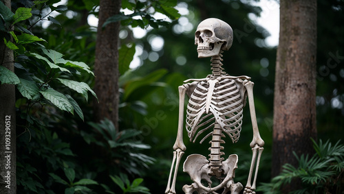 Skeleton artistically posed among lush plant life in forest.