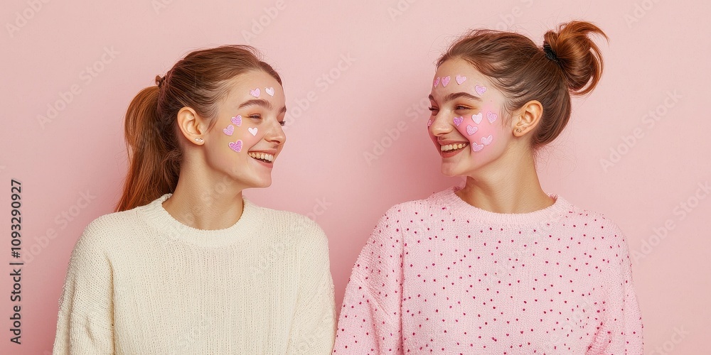 Two women share a joyful moment with face masks on in a cozy, pink-themed setting. Two women share a joyful moment with face masks on in a cozy, pink-themed setting.