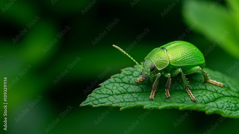 A green beetle sitting on top of a green leaf A green beetle sitting on top of a green leaf