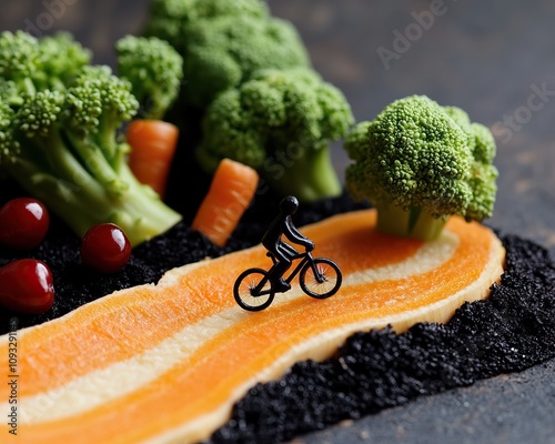 A miniature cyclist rides along a vibrant, vegetable-themed path made of carrots, surrounded by broccoli and other healthy foods. photo