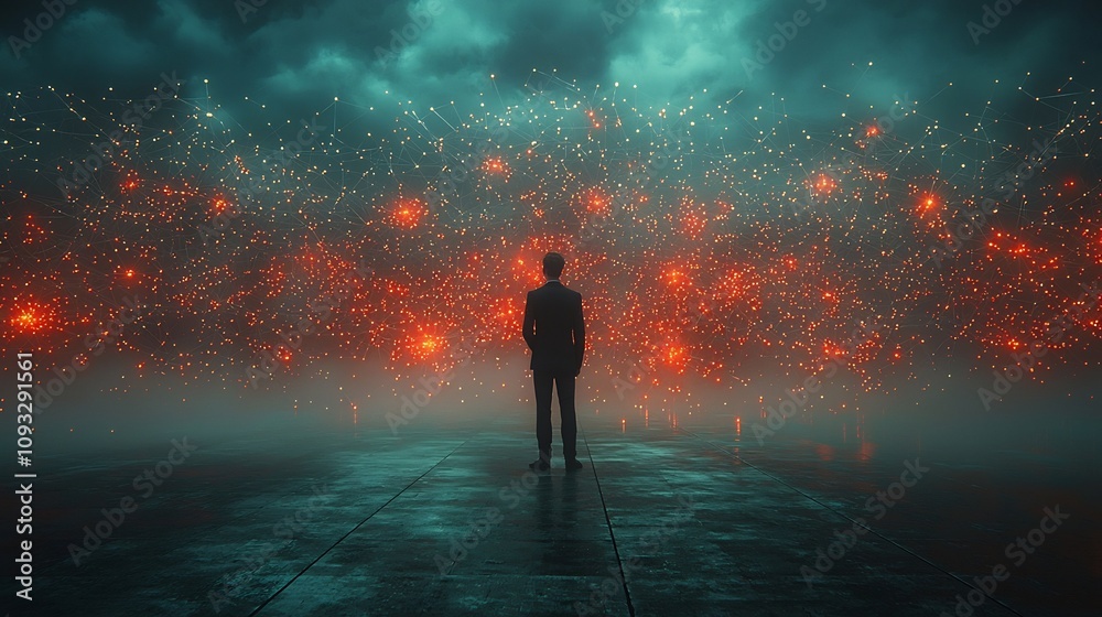 Silhouetted Individual Standing Amid Glowing Quantum Network Representing Instant Data Transmission Silhouetted Individual Standing Amid Glowing Quantum Network Representing Instant Data Transmission