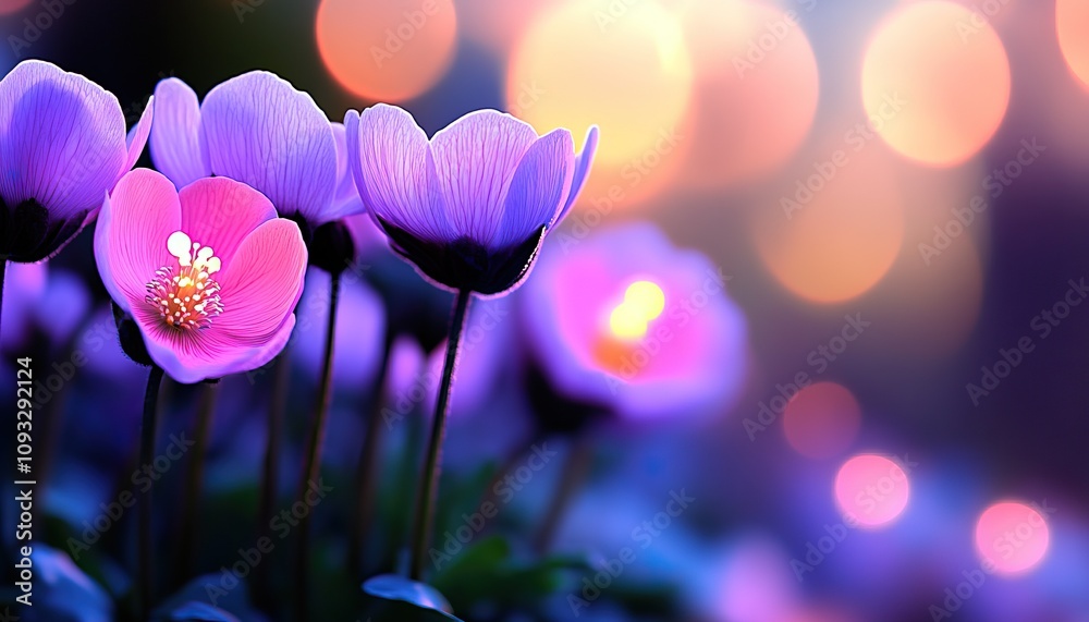 A vibrant display of purple flowers illuminated by soft bokeh lights, creating a dreamy and enchanting atmosphere. A vibrant display of purple flowers illuminated by soft bokeh lights, creating a dreamy and enchanting atmosphere.