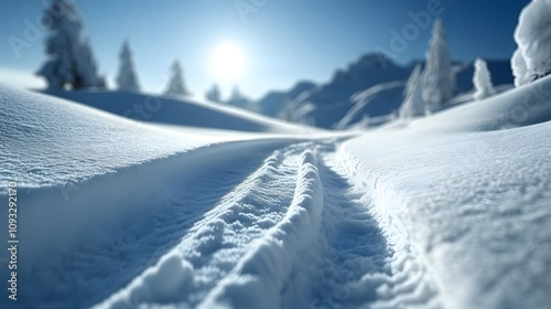 Unberührte Schneelandschaft mit klaren Spuren unter strahlendem Sonnenschein


