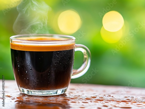 A cup of coffee with steam coming out of it on a table photo