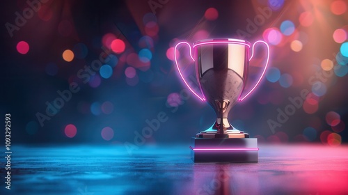 A glowing metallic trophy with neon pink highlights, set against a colorful bokeh background, placed on a glossy reflective surface. photo