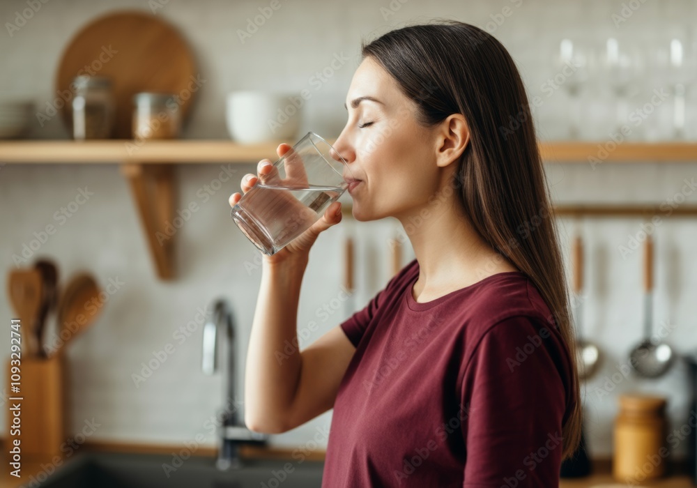 Woman drinking water in modern kitchen with wood accents Woman drinking water in modern kitchen with wood accents
