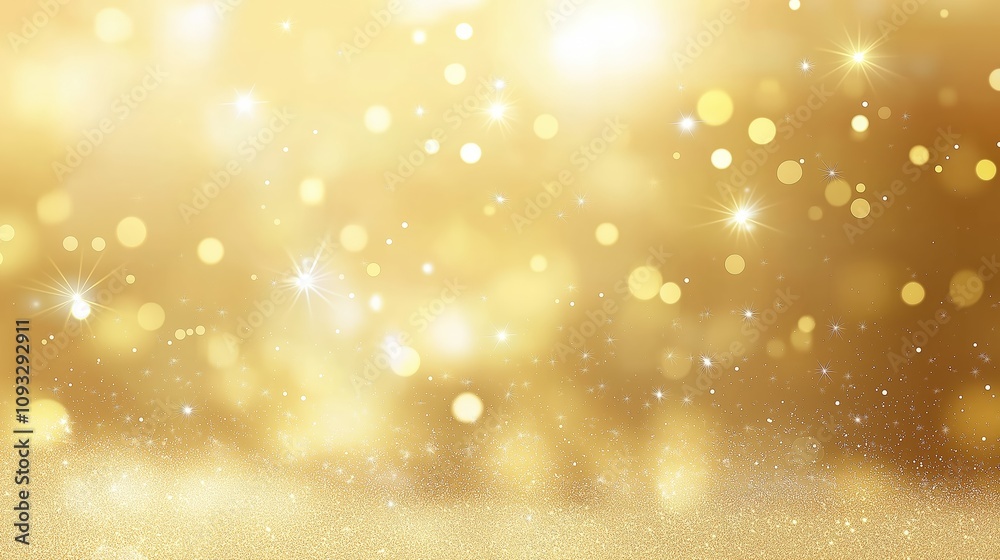 Abstract golden background with bokeh effect and shining defocused glitters. Festive gold texture for Christmas, New Year, birthday, celebration, greeting, victory, success, magic party.