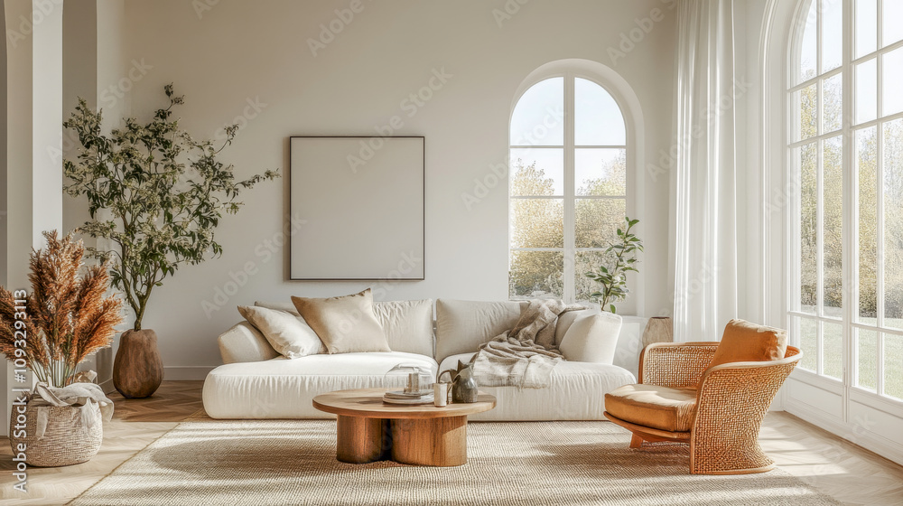 Fototapeta premium Cozy living room with large windows, featuring a beige sofa, armchair, and minimal decor with natural light