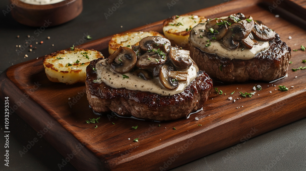 steaks with mushroom cream sauce, A mouthwatering photograph of classic beef steaks with mushroom sauce and potato cakes, presented on an elegant wooden plate. steaks with mushroom cream sauce, A mouthwatering photograph of classic beef steaks with mushroom sauce and potato cakes, presented on an elegant wooden plate.