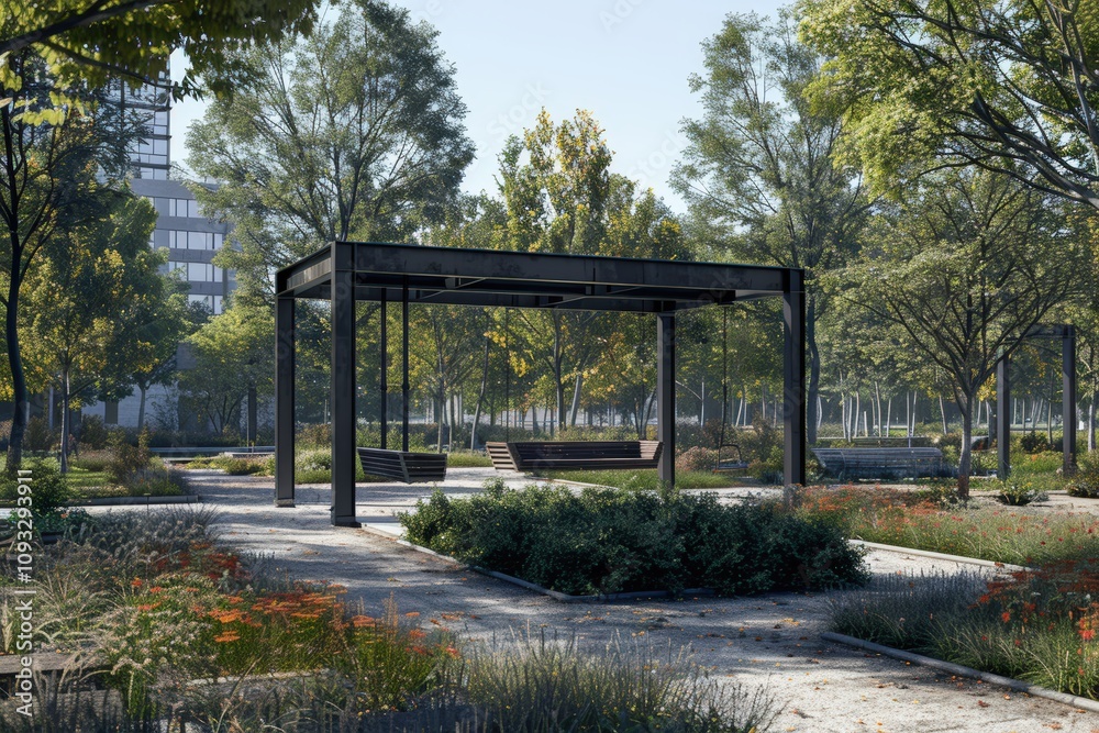 A serene park scene featuring a modern canopy structure surrounded by lush greenery and walking paths, ideal for relaxation and leisure. A serene park scene featuring a modern canopy structure surrounded by lush greenery and walking paths, ideal for relaxation and leisure.